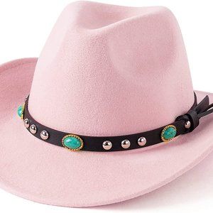 Light Pink Western‎ Cowboy, Cowgirl Hat, Turquoise Strap, Women Retro Wide Brim